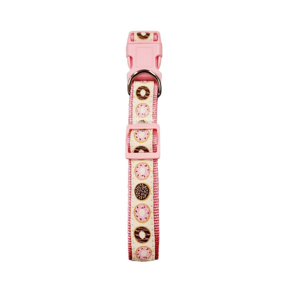 nylon dog collar with embroidered pink donut pattern